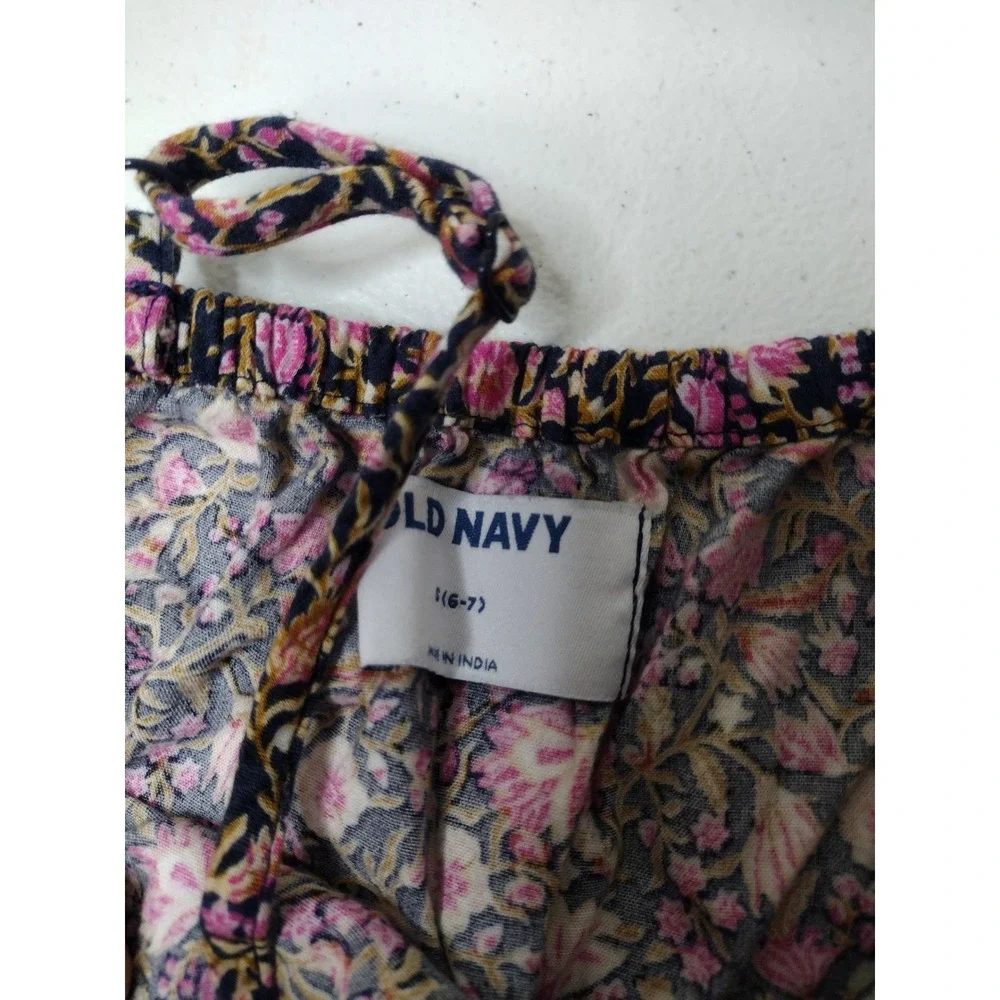 Old Navy Girls Floral Tiered Sundress Navy Pink Gold Size S 6-7 Smocked Boho
